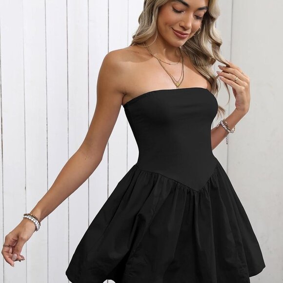 Women Mini Dress Strapless Cotton Spandex Summer Beach A Line Flowy - Picture 2 of 6